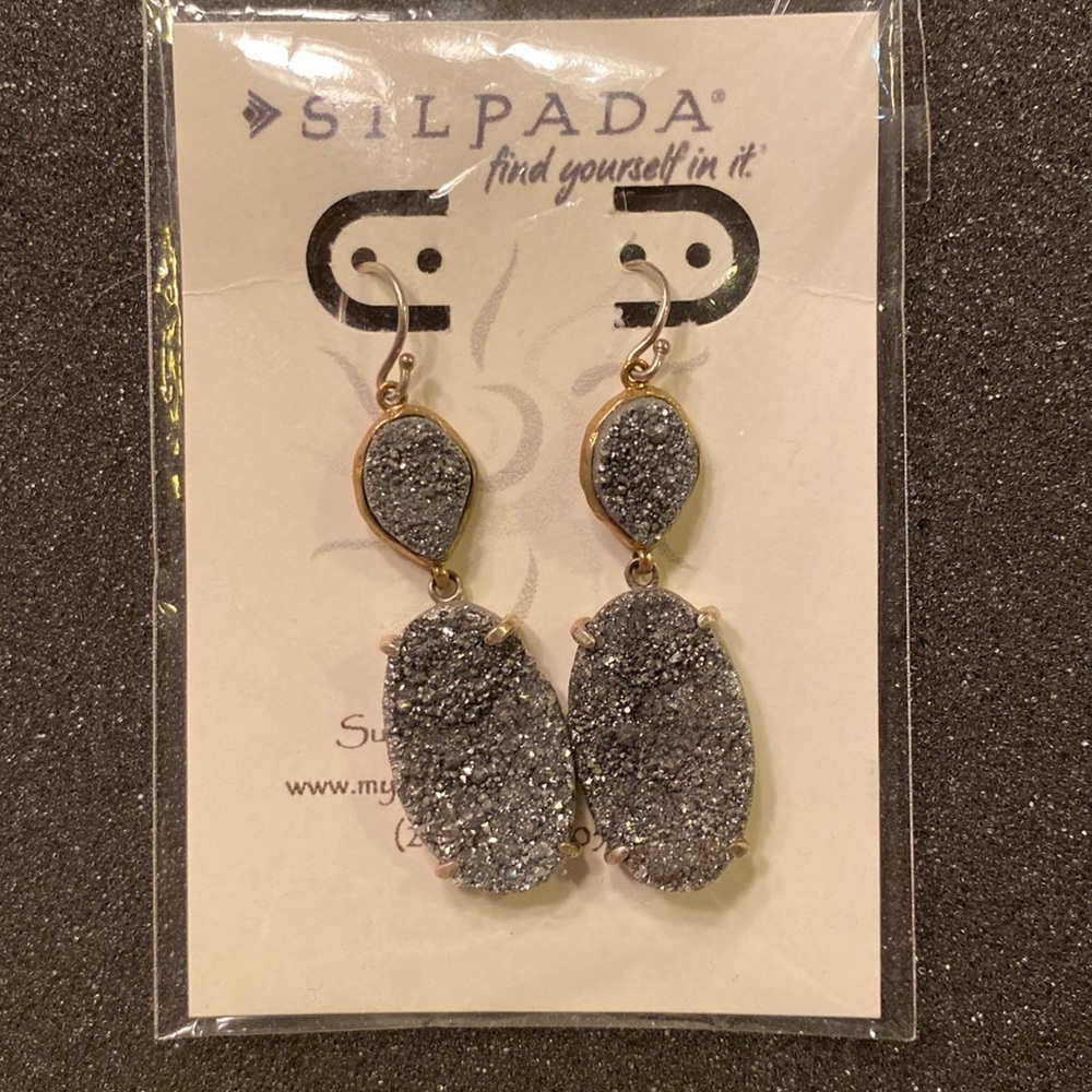 Silpada Glisten Up French Wire Drops. Brass, Druzy, Sterling Silver. 2.25” long.